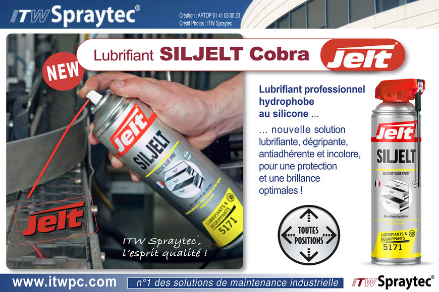 ITW Spraytec poursuit le renouvellement de sa gamme produits Lubrifiants & Dégrippants, et annonce le lancement d’un nouveau lubrifiant multifonctions au silicone : Lubrifiant SILJELT Cobra